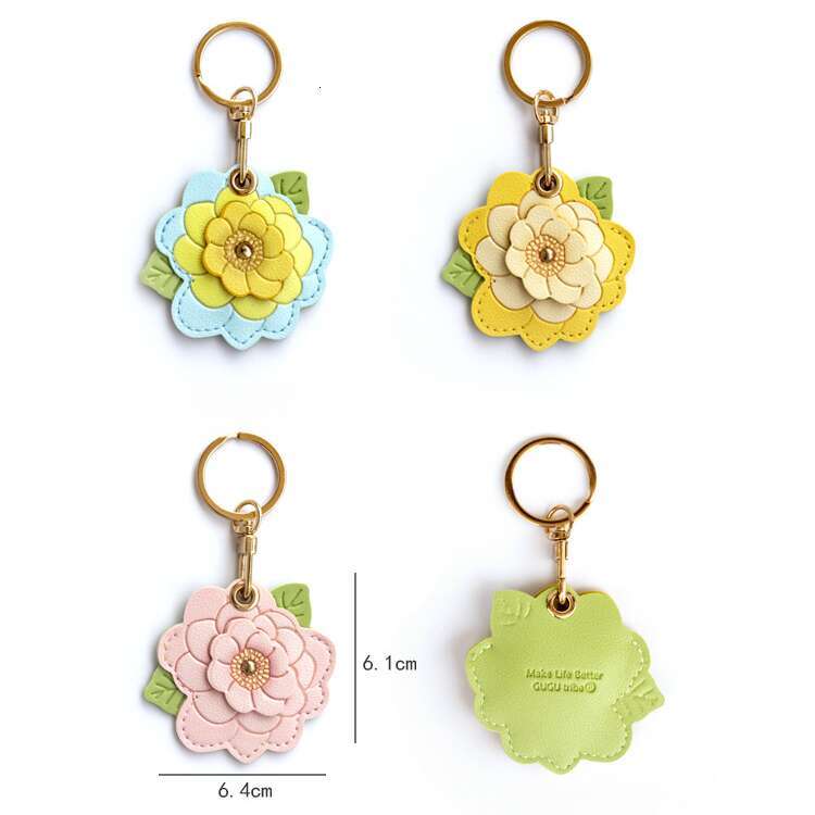 DHessentials Elegant Camellia Keychain & Badge Holder - Leather Card Case with Alloy Flower Charm for Keys/Purse (6.4cm, 15g)