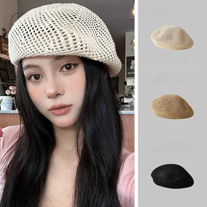 Korean Str Woven Berets for Women Summer Thin Hollow Mesh Painter C Solid Color Breathable Female Pumpkin Hats XJ250807