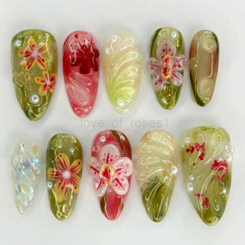 24pcs Wearable Almond False Nail Green Nails Tips with Flower Pearl Design Fake Nail Art Long Press on Nails Finished Manicure Z250807