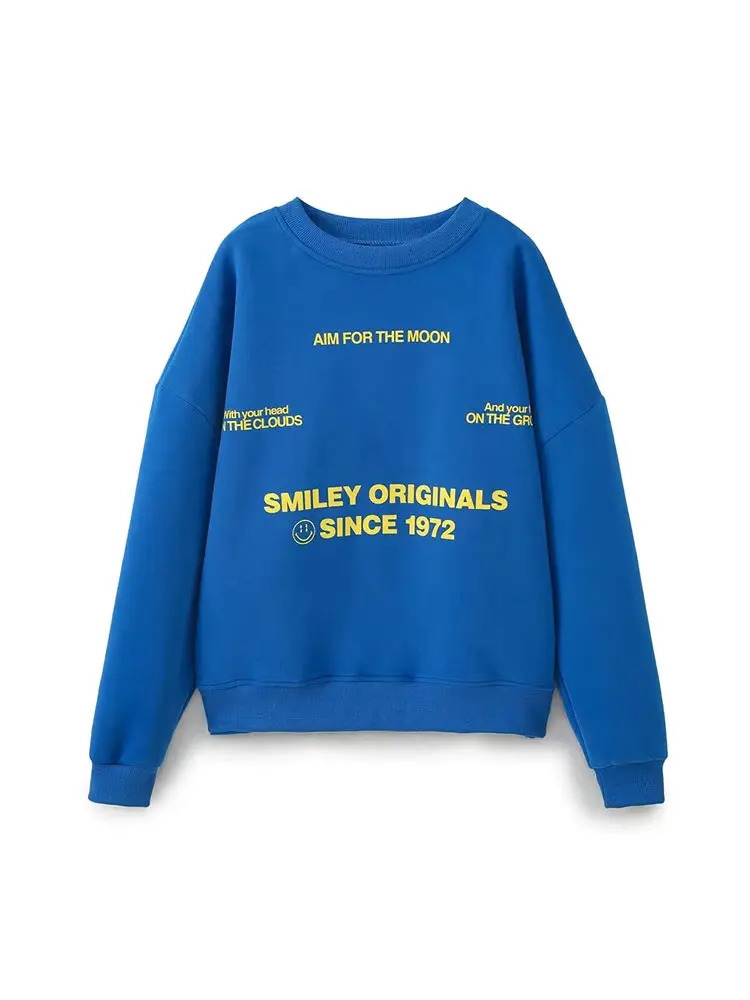 TRAFZA Spring Womens Fashion Sports Pullover Retro Round Neck Loose Long Sleeve Womens Letter Print Blue Pullover Streetwear 250801