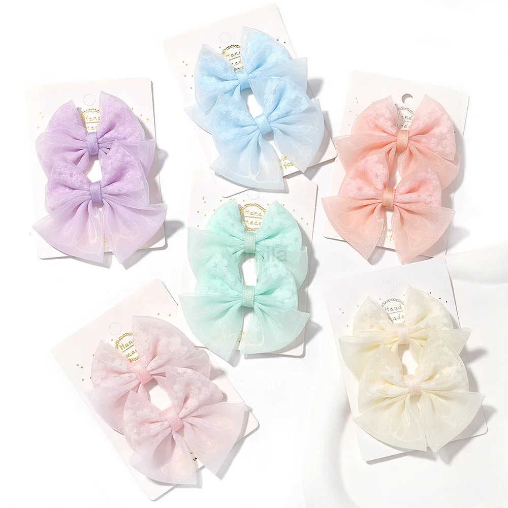 2pcs/set Lovely Lace Bows Hair Clips for Girls Sweet Solid Color Gauze Clips Soft Hairpins Pink Princess Hair Accessories U250807