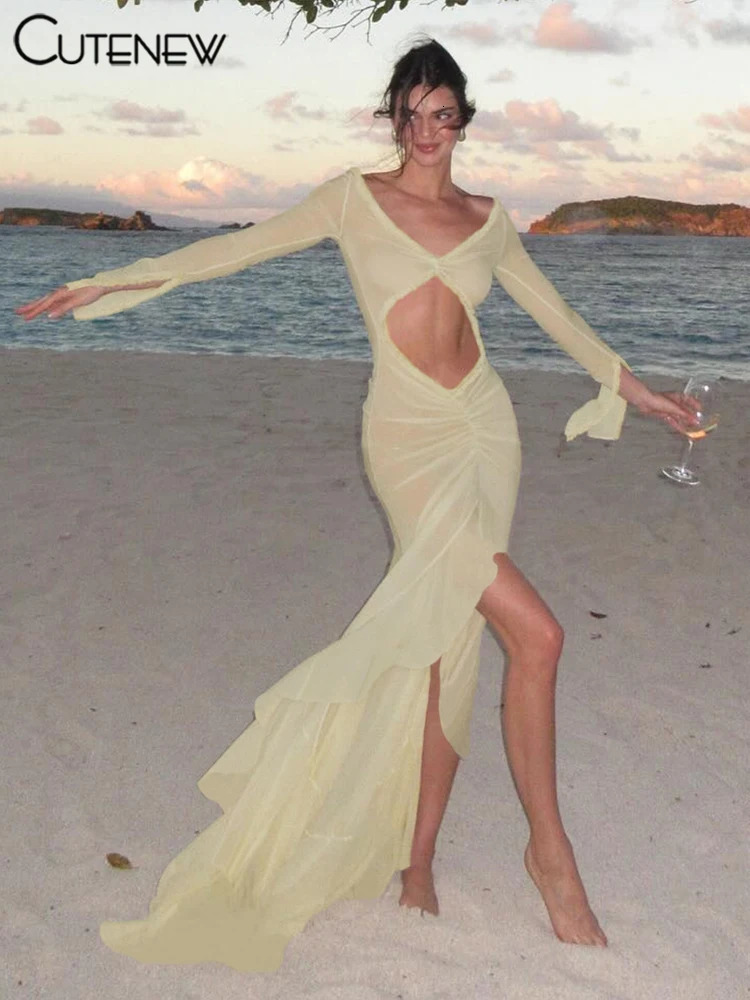 Cute Mesh Concise Dress Women Classic Holiday Style Long Sleeve Cut out Shirring Asymmetrical Robe Female Elegant Attirewear 250807