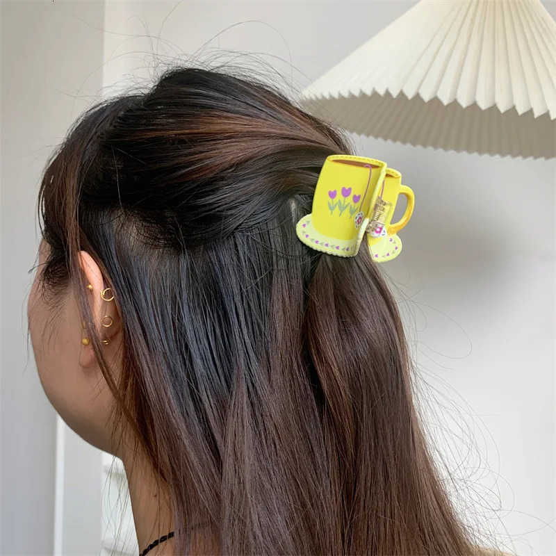Sweet Cute Plastic Pastoral Flower Print Cup Hairpin For Women Girls New Cute Vase Shape Hair Clip Claw Accessories U250807