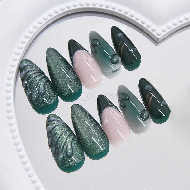 24pcs French Almond Press-on Nails Retro Green Cat Eye Fake Nail Tips Detachable Wearable Sweet Cool Spice Girl False Nails Z250807