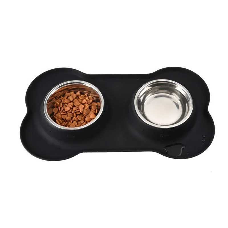 Antislip Double Dog Bowl With Silicone Mat Durable Stainless Steel Water Food Feeder Pet Feeding Drinking Bowls for Dogs Cats Y250806