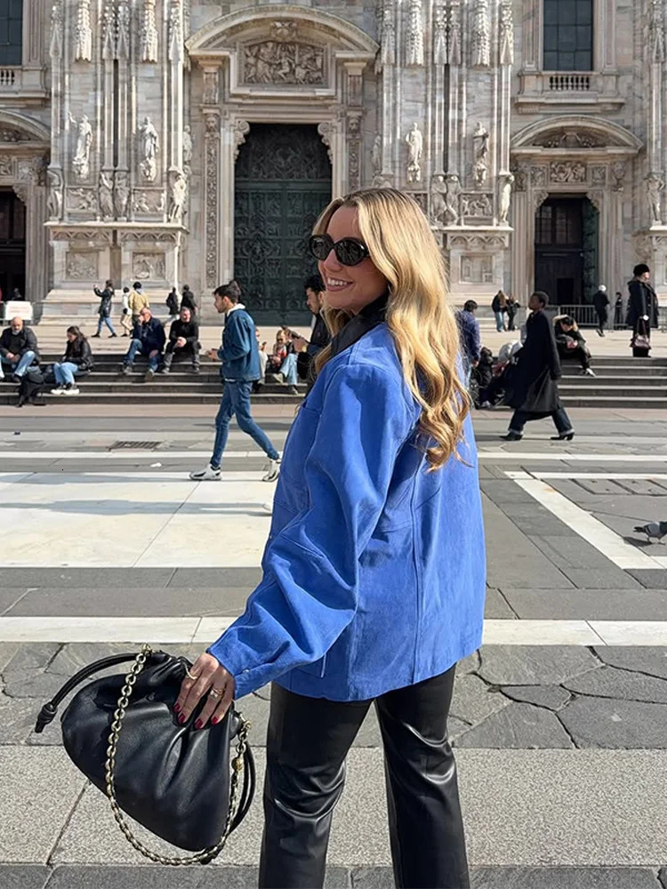 Suede Blue Contrst Color Womens Jacket Single Breasted Lapel Full Sleeves Pocket Coats Spring Lady High Street Outwear Top 250805