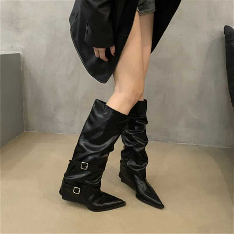 2025 Spring Autumn Pointed Toe Low Heel Punk Womens Knee-high Square Heel Lg Boots Winter Slip- Ladies Shoes Sale XJ250807