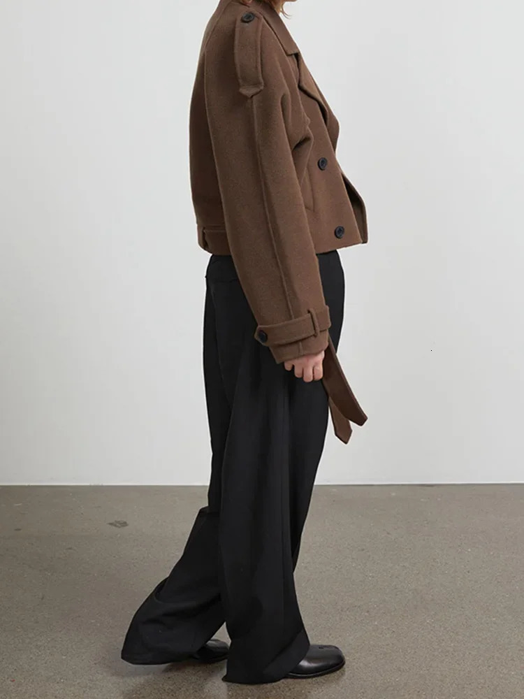 Autumn Brown Retro Woolen Coat Turn-down Collar Casual Jacket Fashion Slim Fit Woolen Coat High Street Lady Outerwear 250806