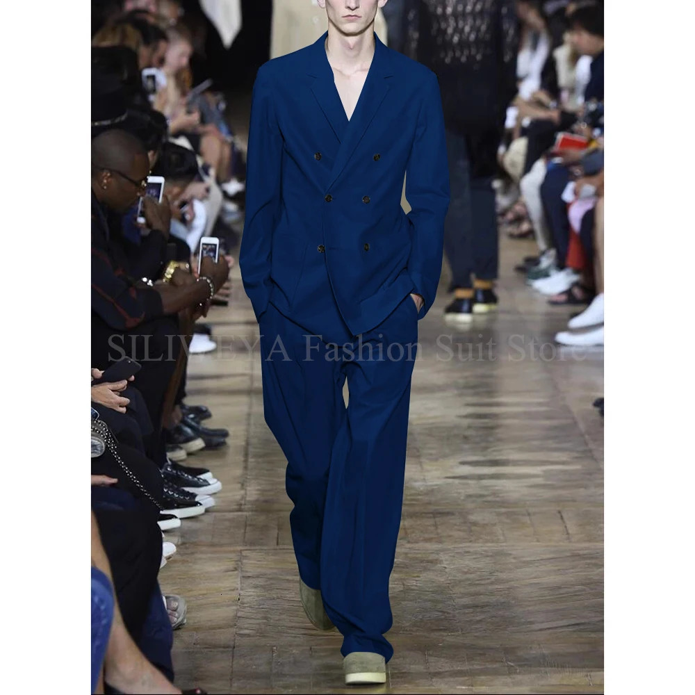 Chic Men Suits Solid Color 2 Piece Set Fashion Notch Lapel Double Breasted Loose Male Suit Business Wedding Casual Blazer Pants 250807