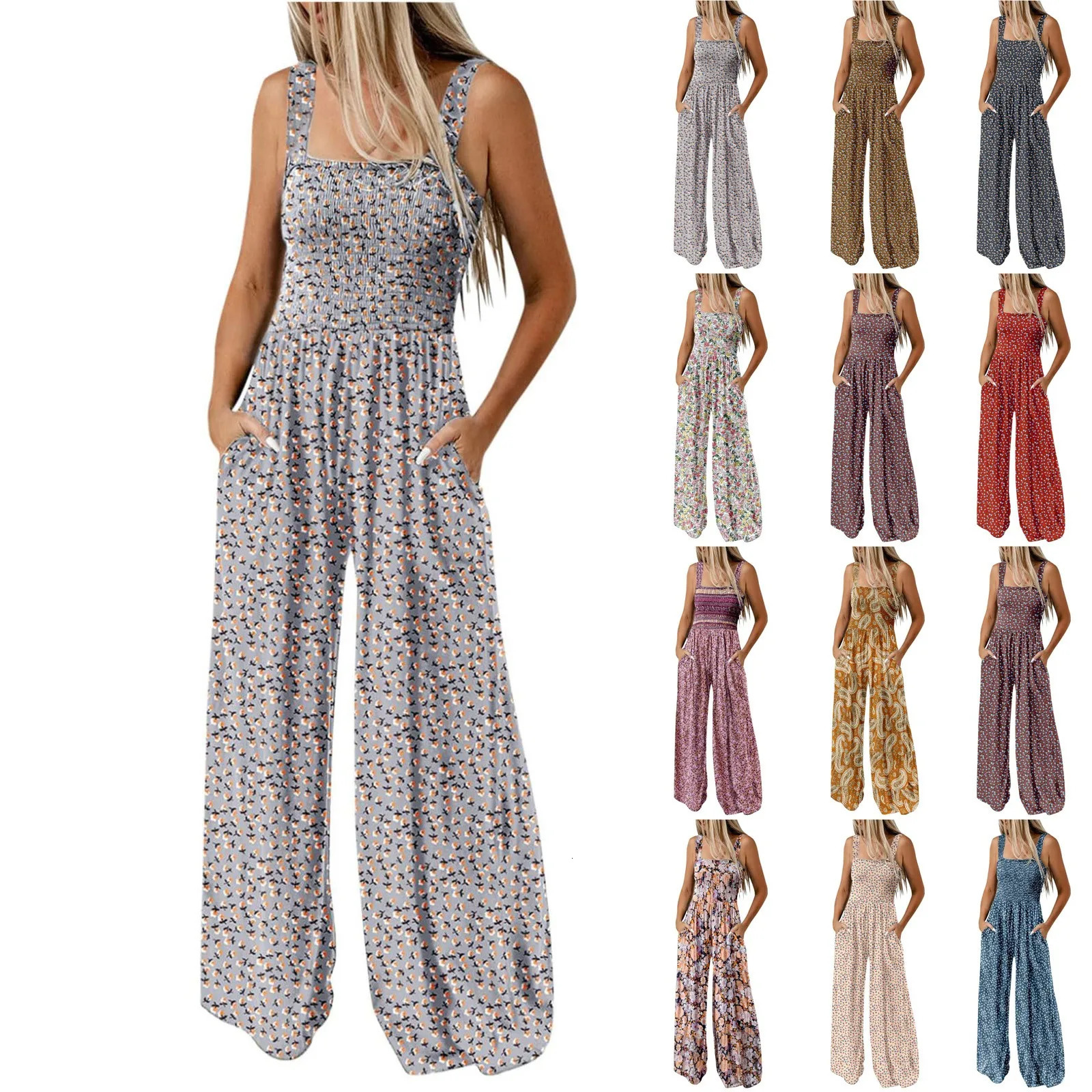 WomenS Suspender Jumpsuits Fashion Trend Pleated Shoulder Straps Printed Pocket Loose Wide Leg Daily Casual AllMatch 250807
