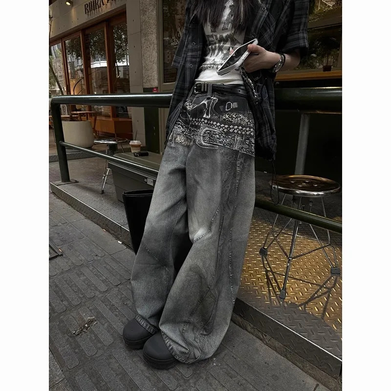 Womens Fashion Straight Printed Casual Denim Pants Arrival Female Wideleg Jeans Trendy Trousers 250807