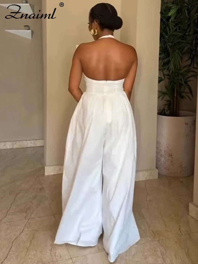 Znaiml Elegant Evening Gowns Biarthday Party One Pieces Wide Leg Pants Outfit for Women White Halter Backless Jumpsuit Rompers 250807