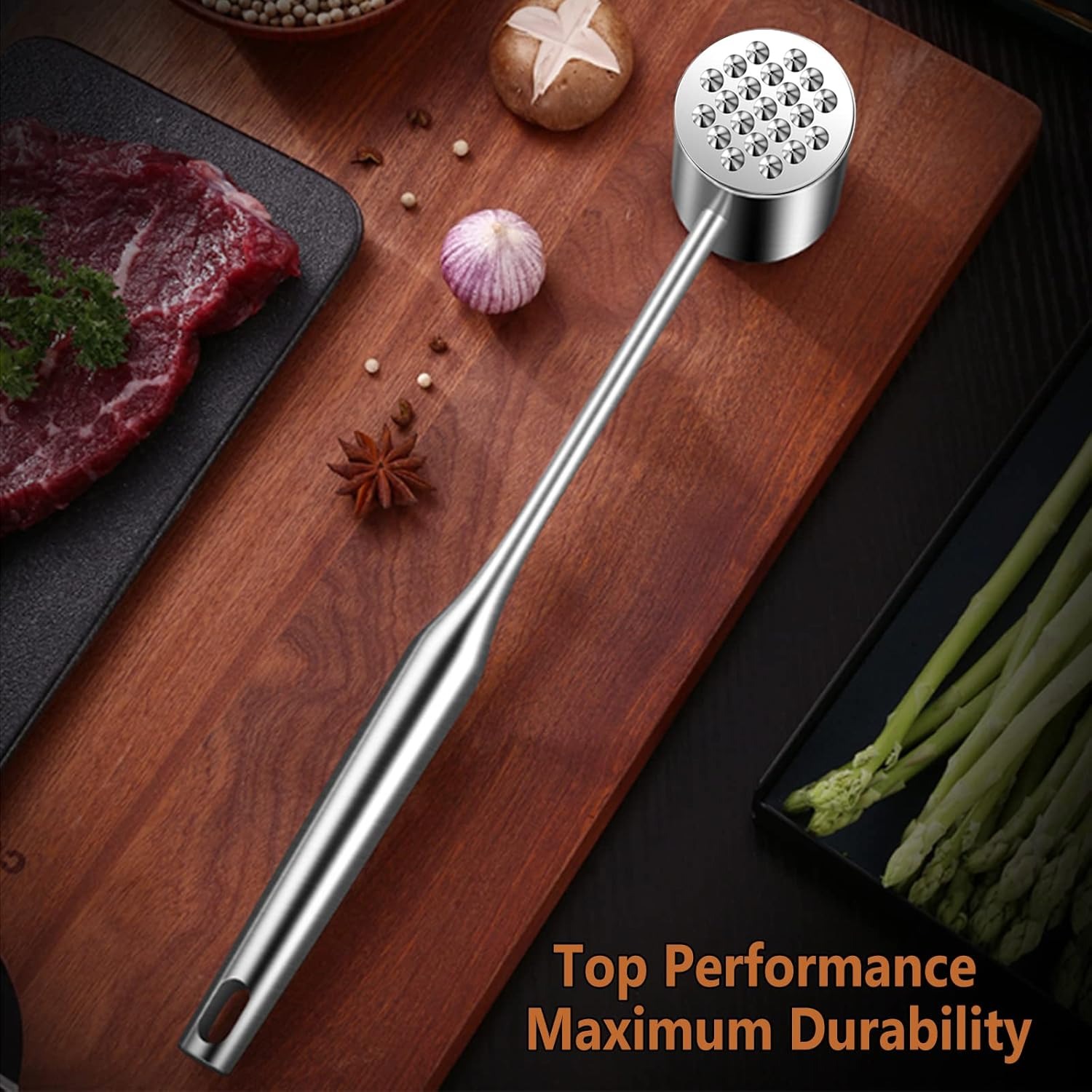 ICEDOG-304 Stainless Steel Meat Tenderizer Mallet Dual-Sided Textured Flat Meat Hammer Heavy Duty Beef/Poultry Pounder for Steak Chicken Dishwasher Sa