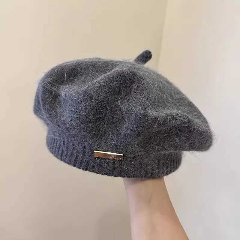 Korean Version Simple Real Rabbit Fur Beret Versatile For Autumn And Winter Out Of The Street Knitted Artist Hat XJ250807