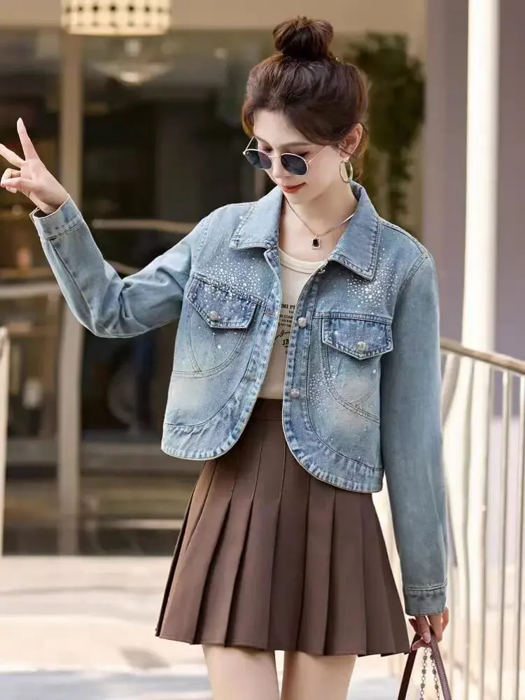 Female Jeans Coats Diamonds Crop Spring Autumn Short Blue with Rhinestones Small Sequin Studded Womens Denim Jackets Original 250804