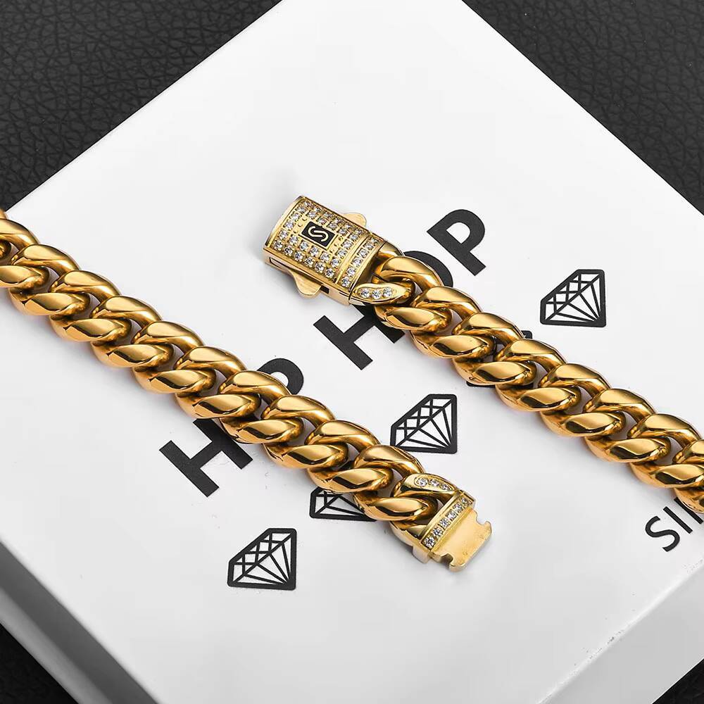 Monaco Chain 8-14mm Stainless Steel Diamond Buckle Round Grinding 14K Gold Plated Iced Out Moissanite Mens Bracelet