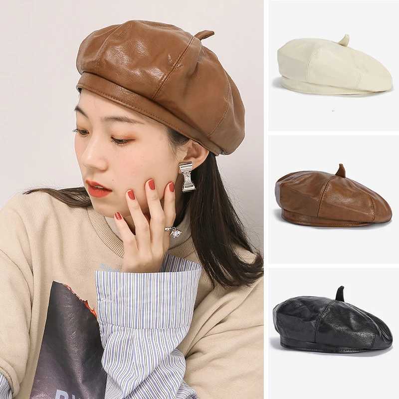 Vintage PU Leather Beret Hat Women Autumn Winter Warm Octagonal C Elegant Solid Color Female La Painters Cs XJ250807
