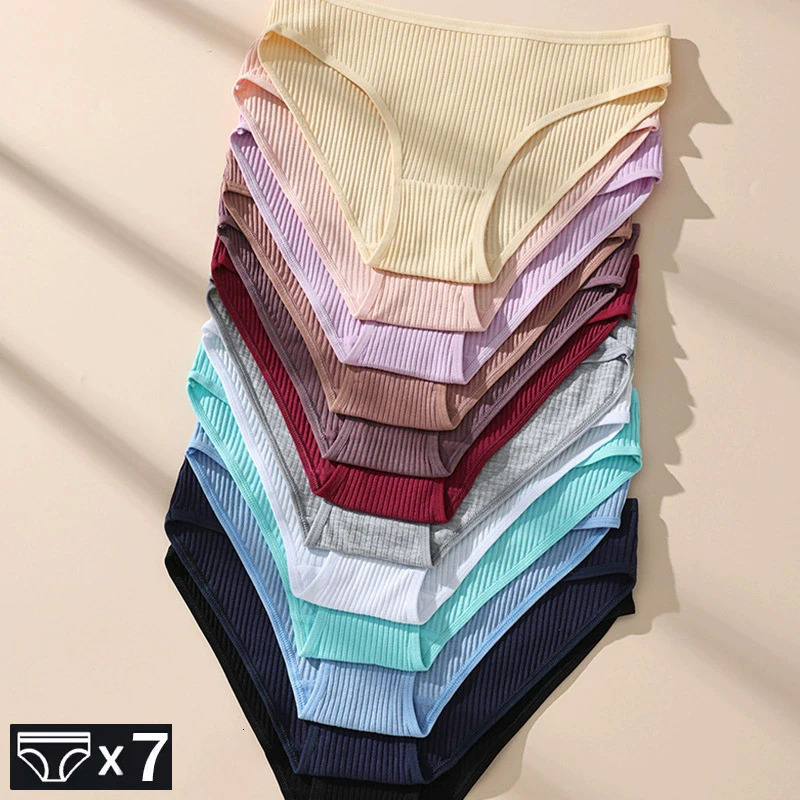 7Pcs Panties Striped Briefs for Women LowRise Breathable Cotton Female Soft Underwear Solid Colors Ladies Underpants 250807