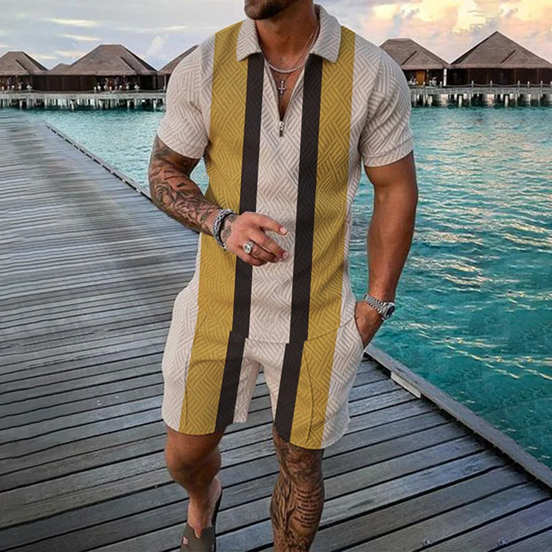 Casual Simple Mens Short Sleeve Sets Fashion Zipper Polo Shirts Shorts 2 Piece Outfit Summer Hip Hop Trend Loose Tees Top Suit 250807