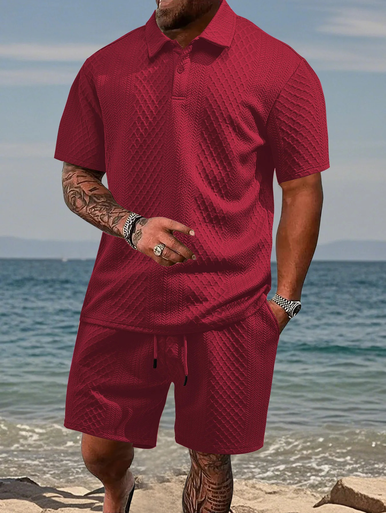 2025 Summer Mens Casual Sportswear Polo Shirt With A Lapel Shortsleeved And Shorts Jacquard Texture Suit 250807