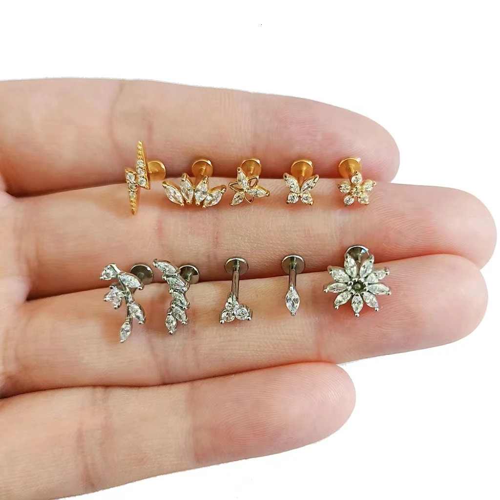 ASTM 36 G23 Flower Moon Butterfly Threadless Piercing Lightning Pin Push in Lip Stud Daith Conch Earring 16G 18G 20G 250805