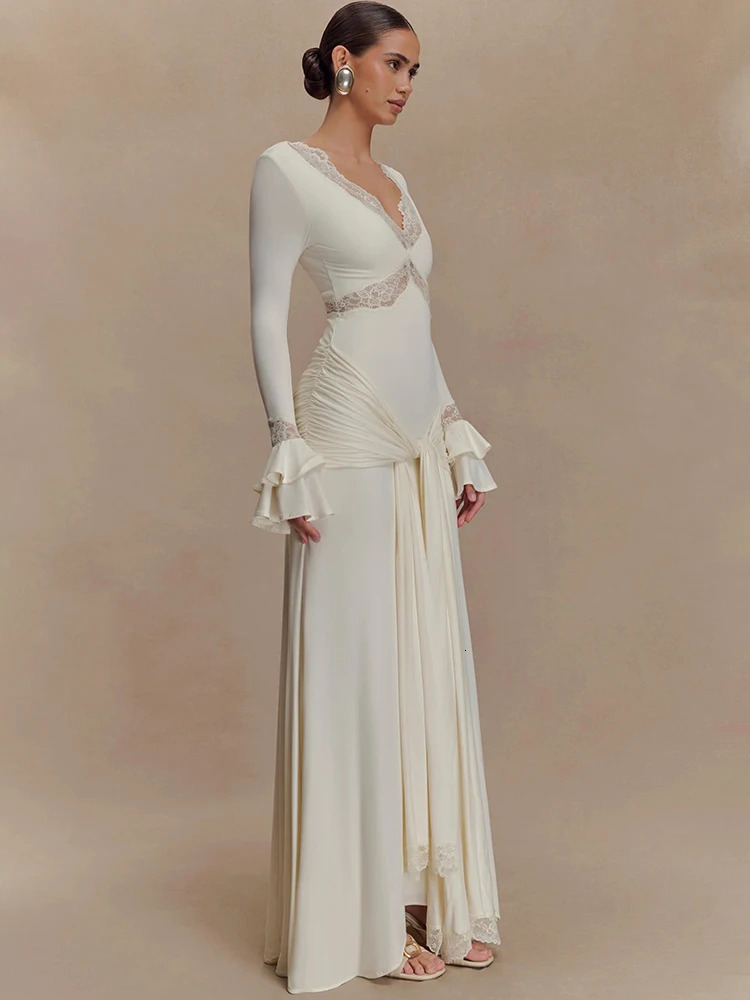 Mozision Autumn Long Sleeve Sexy Maxi Dress For Women Fashion Lace Patchwork V Neck Backless Draped Ruched Club Party Long Dress 250728