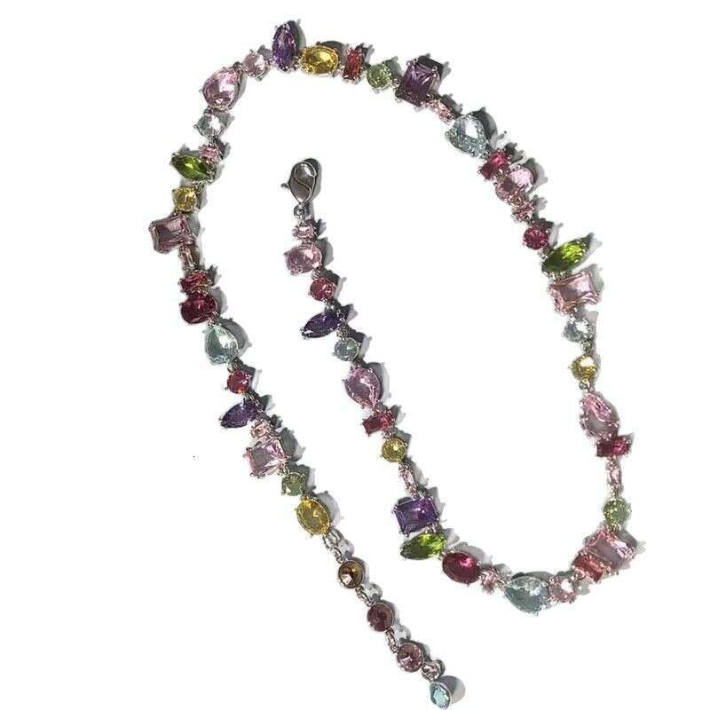 Sweet Style Candy Color Geometric Crystal Zircon Necklace Niche Girly Rainbow Choker Versatile Collarbone Chain Accessory