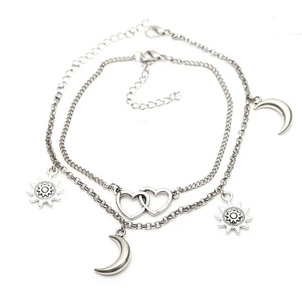 Two Layers Chain Heart Moon Sun Gold Silver Color Anklets For Women s Summer Barefoot Sandals Jewelry On Foot Leg Y250805