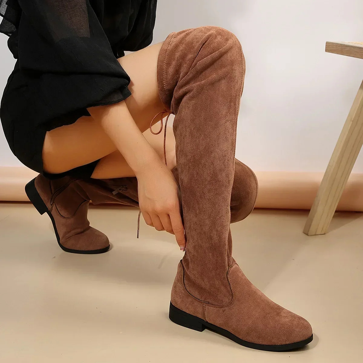 Faux Suede Female Thigh Gigh Boots Women Autumn Zipper Elastic Knee-high Boots Woman Tube Lace-up Botas Mujer Size 43 250805