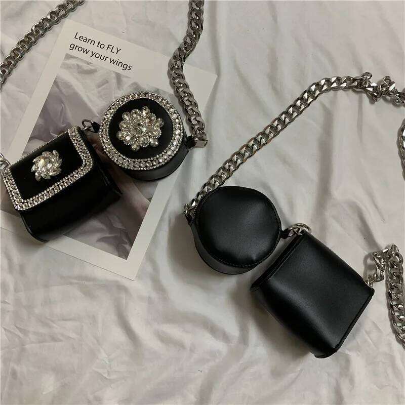 2 Piece Dia Studded Shoulder Bags for Women Mini PU Crossbody Decorate Chain Chest Designer Handbag Coin Bag