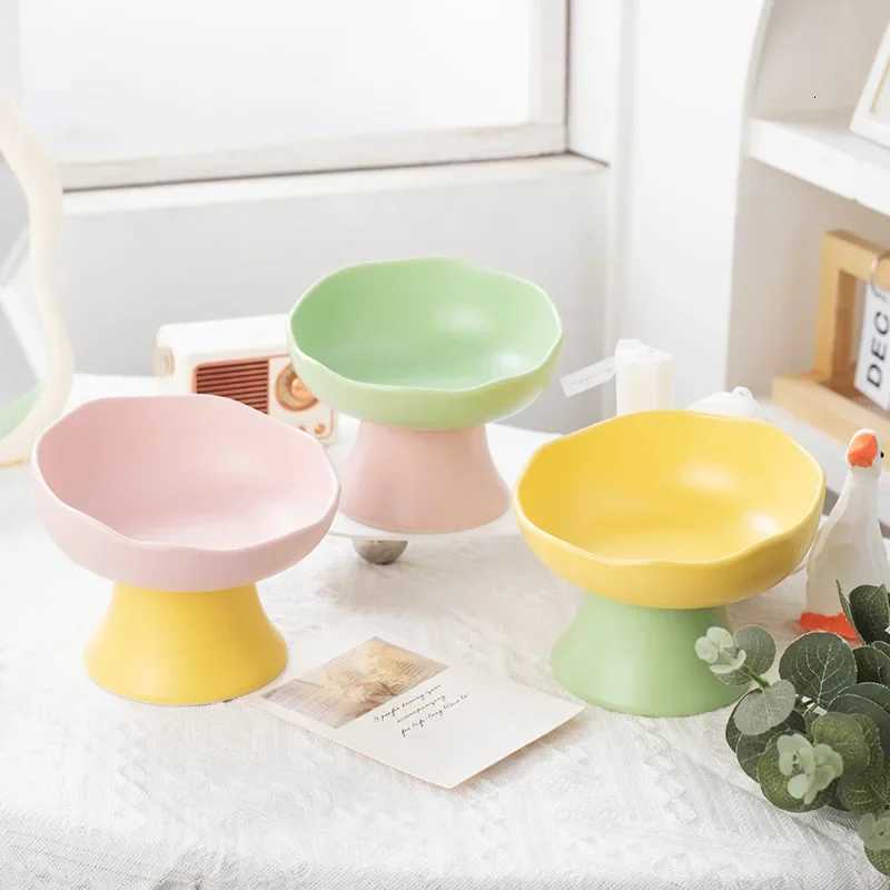 Cute Dog Accessories Jelly Color Ceramic Pet Food Bowl Large Capacity High Foot Neck Protection Safe Durable Feeder for Cat Dog Y250806