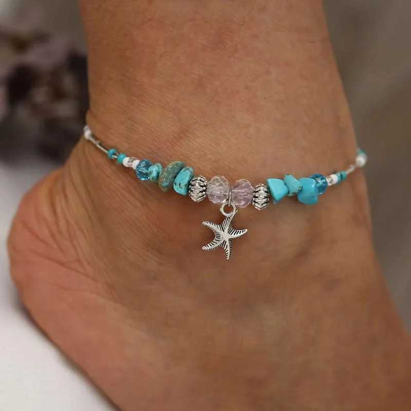 Beach turquoise beaded feet retro popular tube beads gravel starfish pendant rice bead anklet Y250805