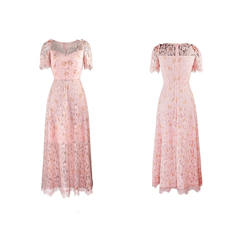 Womens Elegant Pink Floral Lace Dress Short Sleeve V Neck Double Layer Gothic Midi Party Guest Casual Dress 6116210