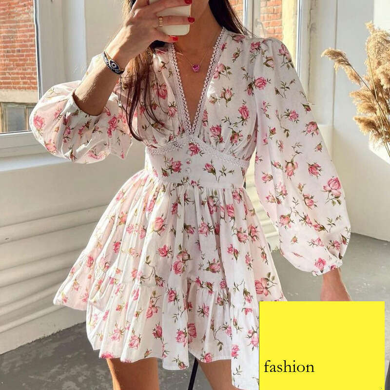 Spring New Women's Sweet Printed V-Neck Lace Short Sleeve Pleated Dress B5 h7