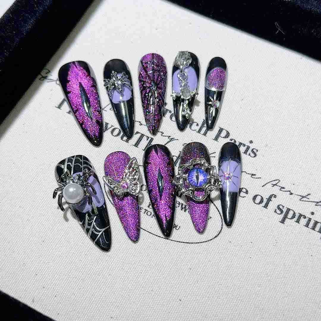 10pcs Halloween Handmade Press-on Nails European Heavy Metal 3D Fake Nails Wearable Detachable Spice Girls False Nails M250807