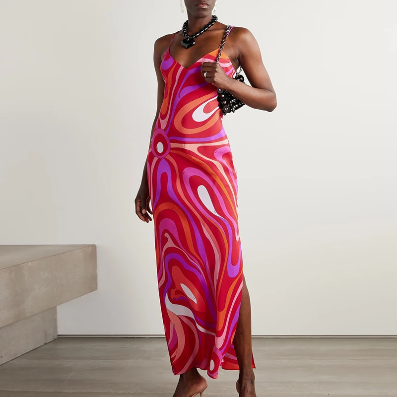 Camisole Slim Fit High Waist Holiday Long Dress Ladies Fashion V Neck Printed Robe Sexy Backless Hollow Out Summer 250807