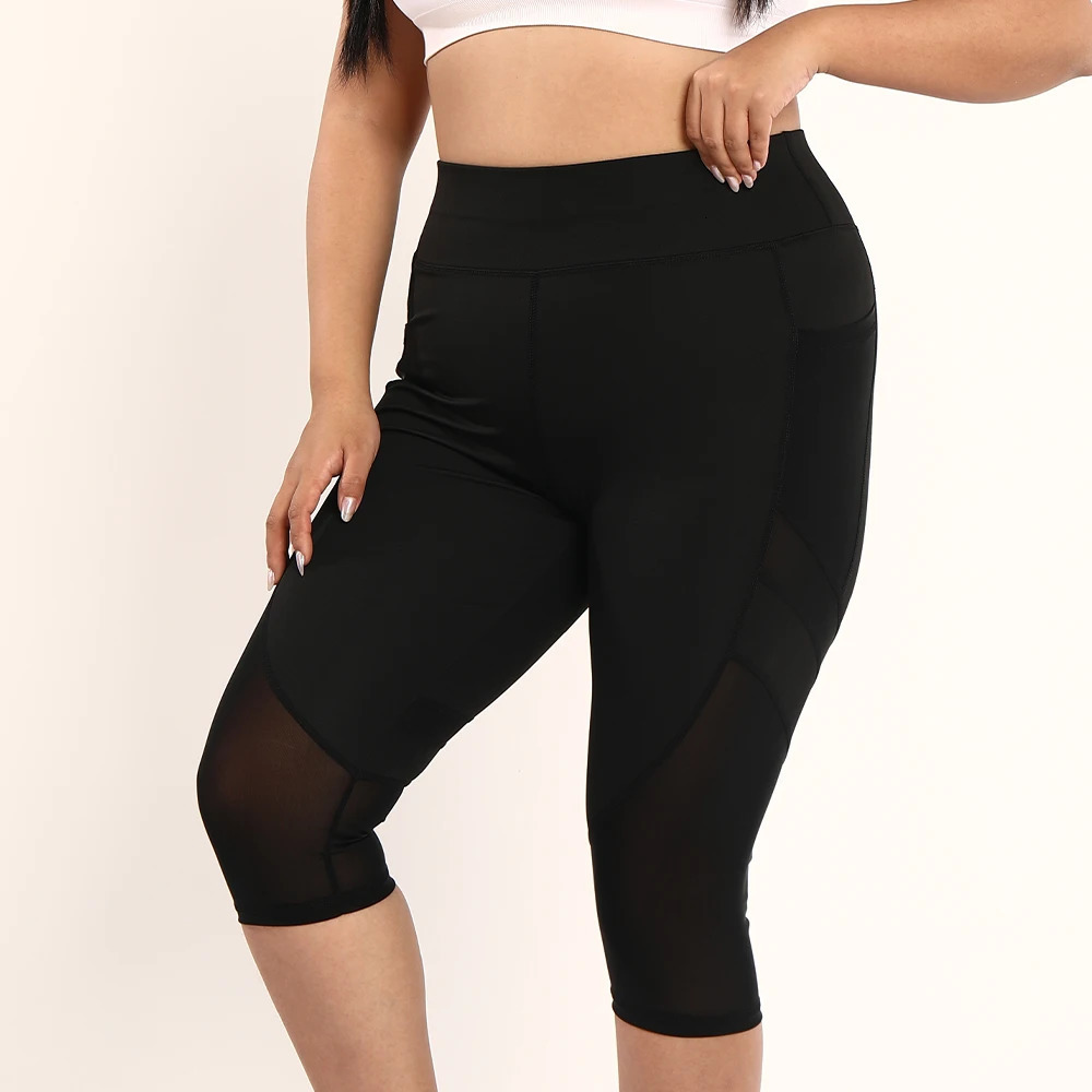 Plus Size Womens Yoga Pants With Side Pocket Mesh Insert Hollow Out Leggings For Workout Running Fitness Clothing 250805