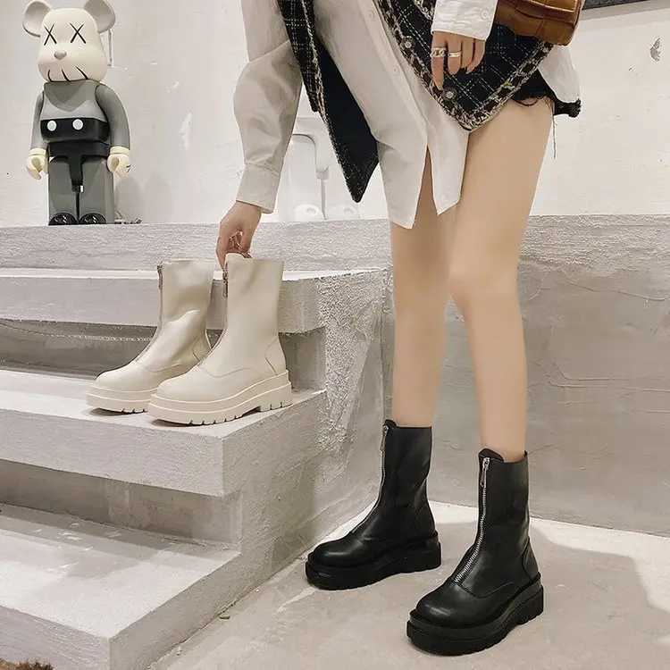 New Frt Zipper Chunky Platform Womens Boots Solid Black Beige Boots Women Round Toe High Heel Ankle Boots for Womenhu87 XJ250807