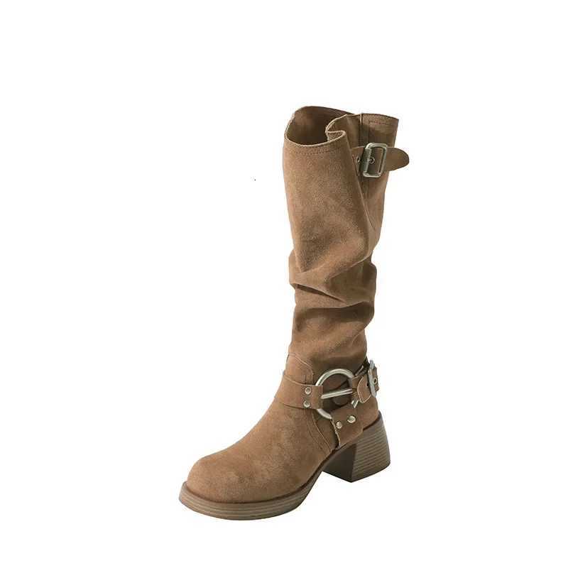 New Fold Womens Vintage Brown Metal Belt Buckle Wern Cowboy Boots Square High Heel Lg Boots Fi Knight Boots 2024 XJ250807