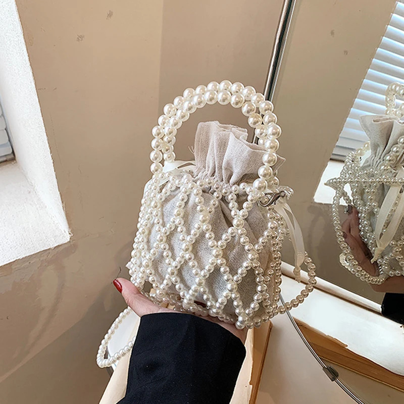 Pearl Women Bucket Tote Bag Woven Pearl Crossbody Bags for Women Small Wallet Handbag Casual Drawstring Female Coin Purse 250807