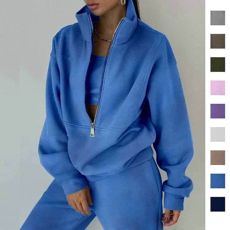 designer leisure European And American Women's Clothing Foreign Trade New Zipper Fleece Sports Fashion Sweater Set