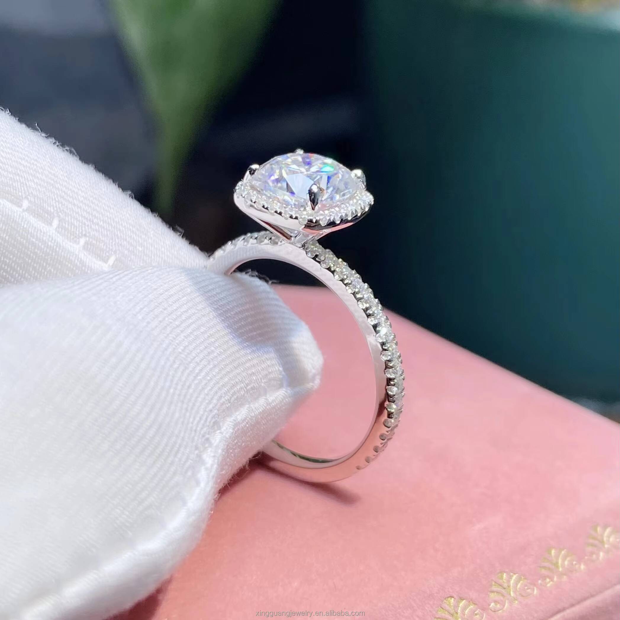 XingGuang Women Engagement Ring 18K White Gold Fine Jewelry 3CT Cushion Cut Halo Diamond Style VVS Moissanite Ring