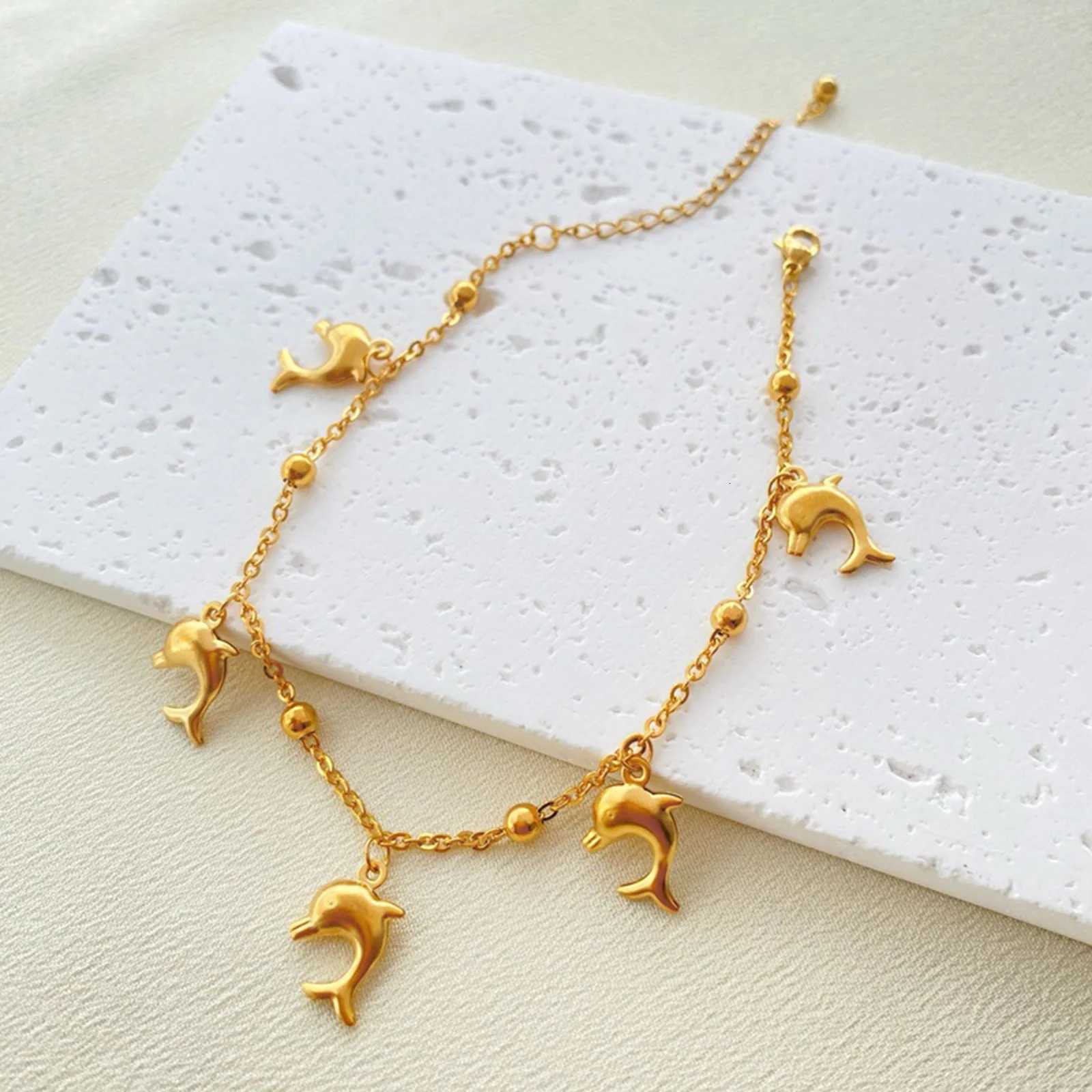 New Stainless Steel Link Cable Chain Anklet Gold Color Marine Animal Dolphin.Starfish For Women Beach 21cm(8 2/8) Long 1 Piece Y250805