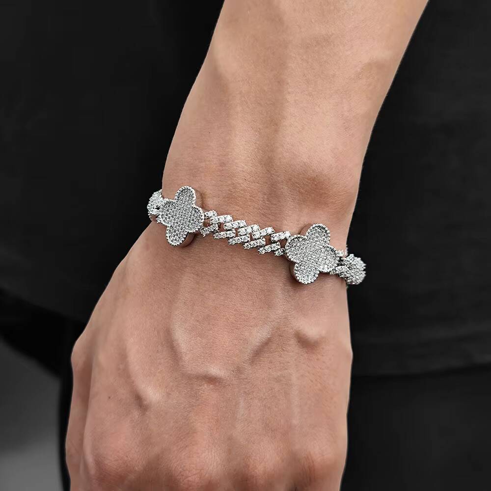 Four Leaf Clover Cuban Link Chain Bracelet for Women Single Row Diamond Gold Silver Plating Prong Cuban Link Bracelet