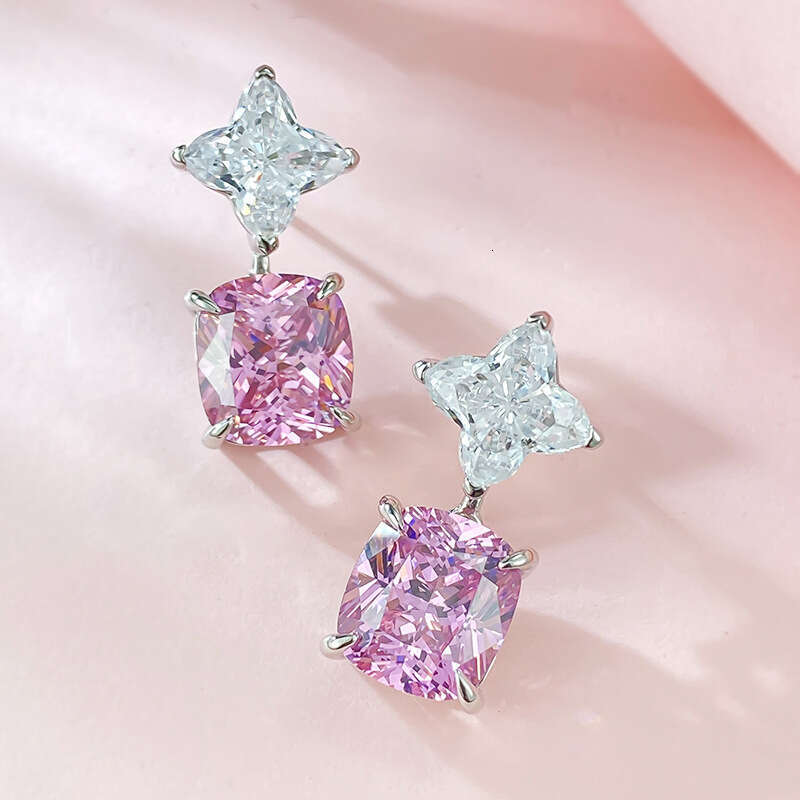 Mujing Jewelry S Sier New High Carbon 10*11 Fat Square Inlaid Pink Dia Earrings Elegant Style