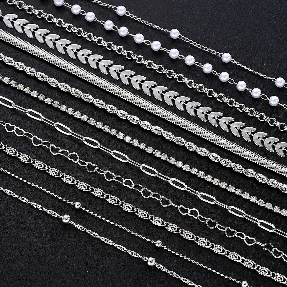 12pcs Boho Heart Twisted Snake Chain Bracelets For Women Imitation Pearl Fish-Tail Paperclip Bracelet Set Summer Holiday Jewelry W250807