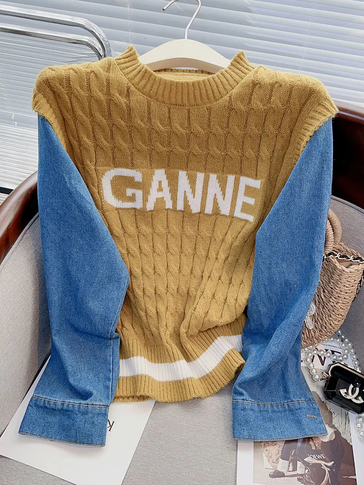 Denim Patchwork Sleeves Sweater Womens Autumn Spring Loose Korean Version Letter Ins Casual 250728