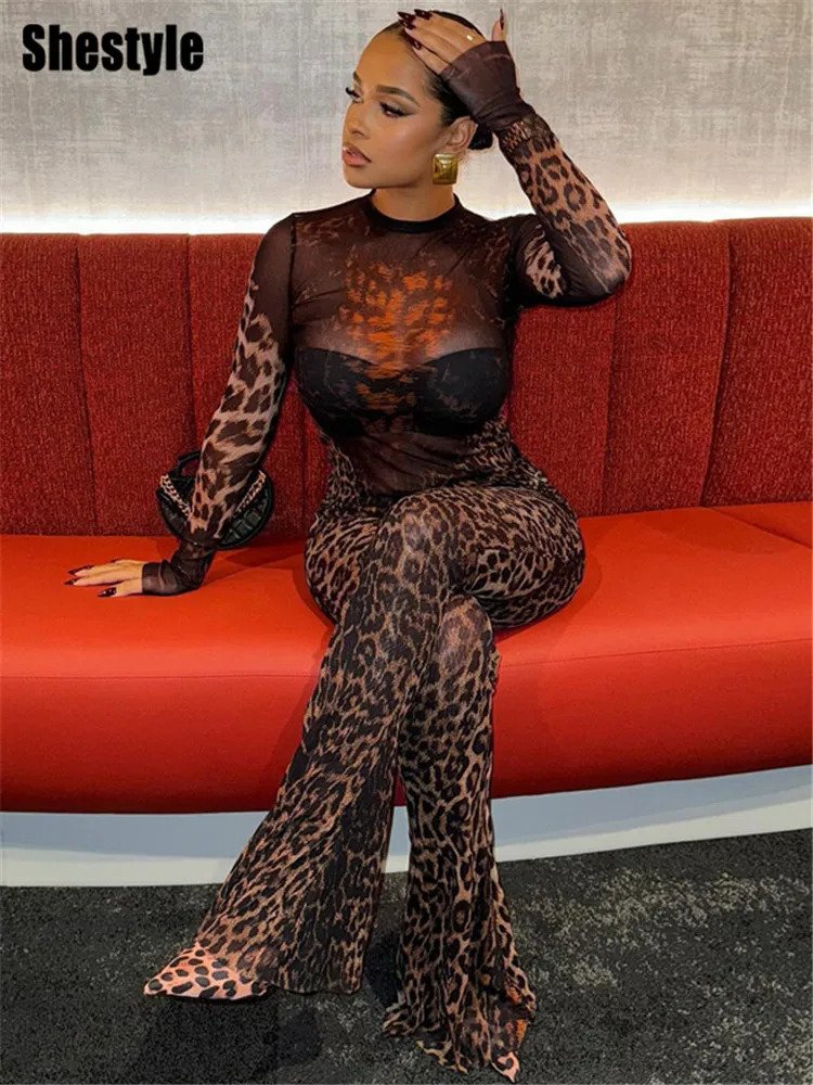 Shestyle Leopard Transparent Jumpsuit Women Sheer Flare Zipper Fly Long Sleeve Crew Neck Autumn Bodycon Outfits Clubwear 250807