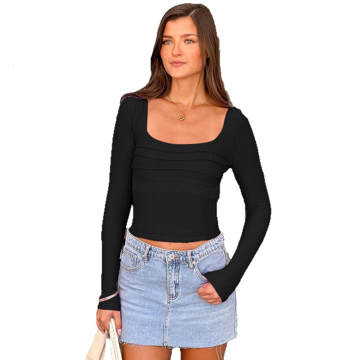 New Lace Patchwork Square Neck Slim Fit Long Sleeve T-Shirt Women's Base Shirt Backless Tie Top