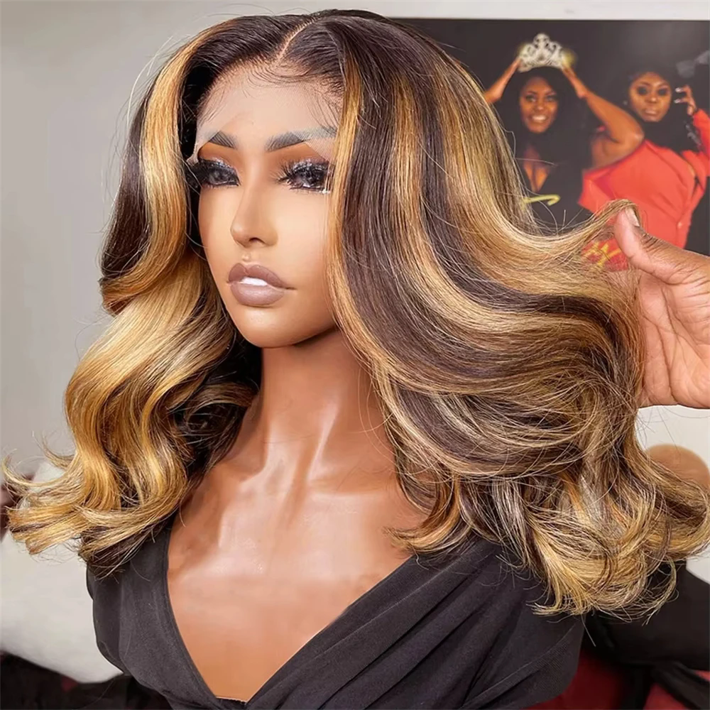 Body Wave 4/27 Color Short Bob Wig Ombre Blonde 13x4 Lace Frontal Wig Highlight Brown Mix Blonde 100% Human Hair Preplucked Bob